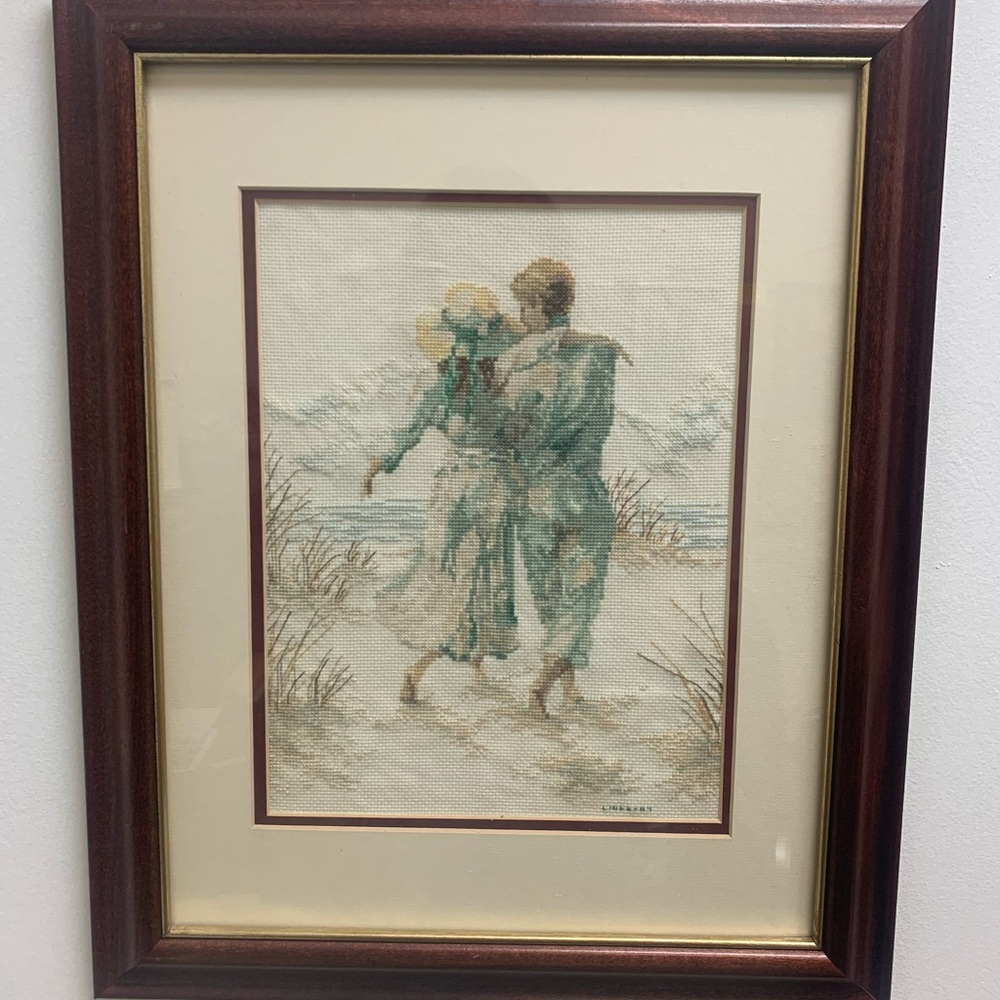 Vintage~ Lanarte Romantic Couple Cross Stitch In Wooden Frame